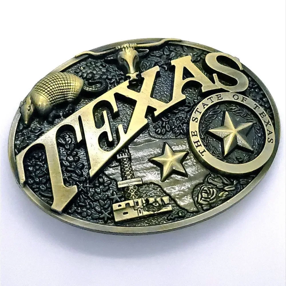 Texas Western Belt Buckle Lone Star Longhorn Armadillo Oil Well Antique Brass
